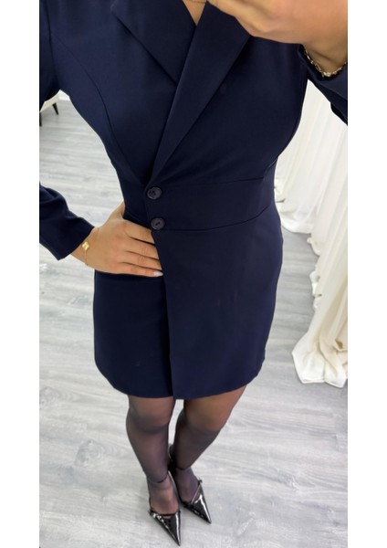 Lacivert Düğme Detaylı Kısa Boy Dokuma Ceket Elbise fırsatları