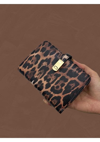 Siyah Krem Ekstra Kağıt Para Bölümlü Leopar Desenli Gold Detaylı Deri Kadın Cüzdan
