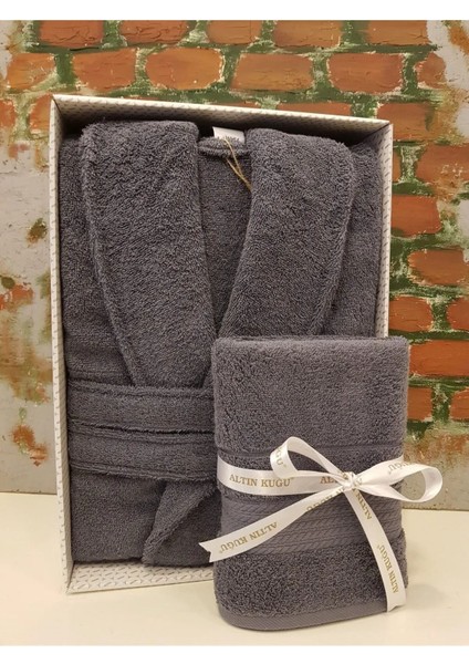 Colourist Şalyaka Bornoz + Baş Havlusu - Koyu Gri %100 Pamuk
