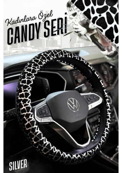 Candy Seri Kadınlara Özel Leopar Desen Kadife Geçmeli Direksiyon Kılıfı Yumuşak Doku Araç Aksesuar