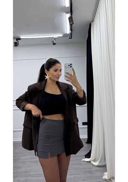 Antrasit Rahat Kalıp Krep Kumaş Önden Yırtmaçlı Şort Etek