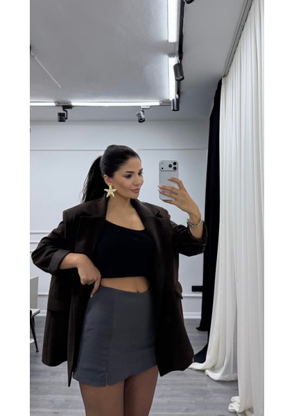 Antrasit Rahat Kalıp Krep Kumaş Önden Yırtmaçlı Şort Etek fiyatları