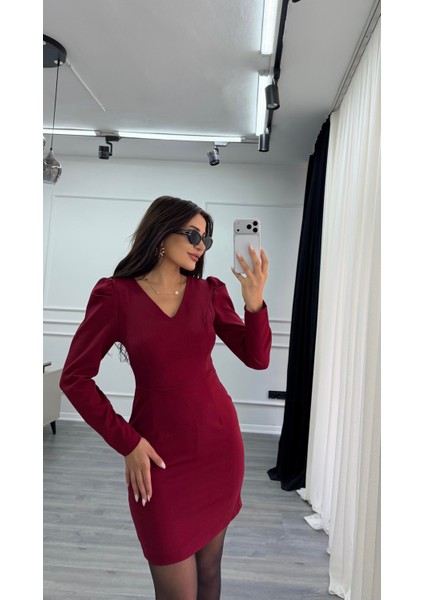 Bordo V Yaka Balon Kol Kısa Boy Dokuma Elbise