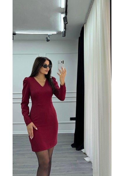 Bordo V Yaka Balon Kol Kısa Boy Dokuma Elbise fiyatları