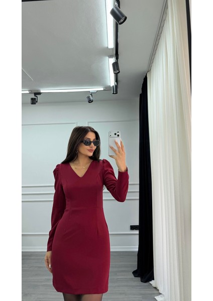 Bordo V Yaka Balon Kol Kısa Boy Dokuma Elbise modelleri