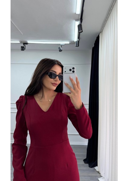 Bordo V Yaka Balon Kol Kısa Boy Dokuma Elbise fırsatları