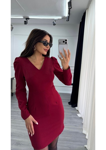 Bordo V Yaka Balon Kol Kısa Boy Dokuma Elbise indirimleri