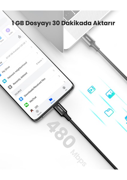 USB-C 100W 5A QC PD Hızlı Şarj Kablosu, 1 Metre, Siyah, 80371