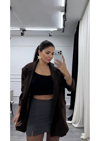 Antrasit Rahat Kalıp Krep Kumaş Önden Yırtmaçlı Şort Etek modelleri