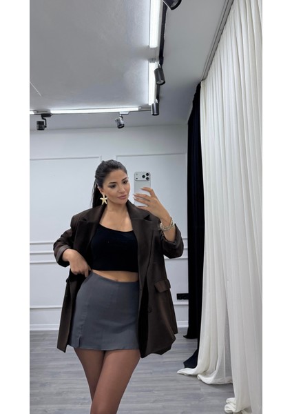 Antrasit Rahat Kalıp Krep Kumaş Önden Yırtmaçlı Şort Etek fırsatları