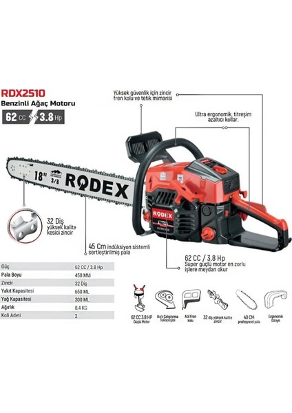 RDX2510 Benzinli Hızar Ağaç Kesme Motoru 45 cm 32 Diş modelleri