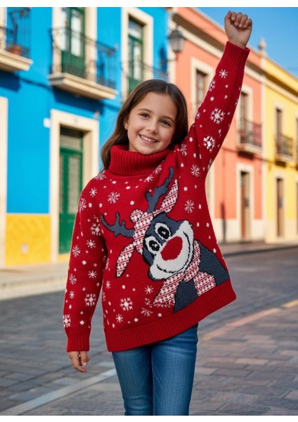 Kırmızı Yılbaşı Temalı Çocuk Boğazlı Triko Kazak