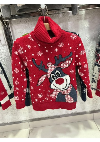 Kırmızı Yılbaşı Temalı Çocuk Boğazlı Triko Kazak fiyatları