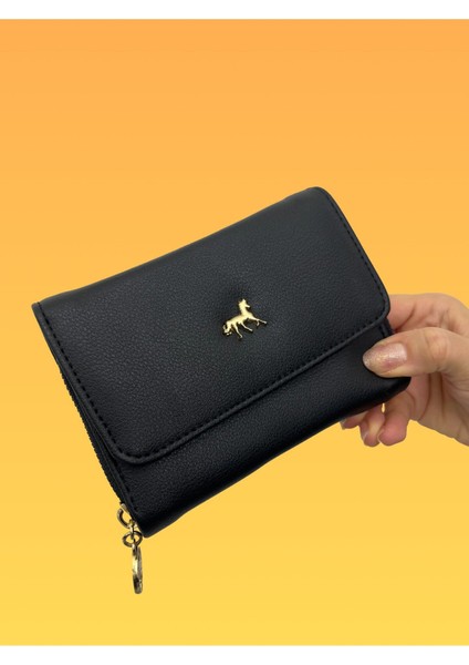 Siyah Deri Kadın Cüzdan Gold Detaylı