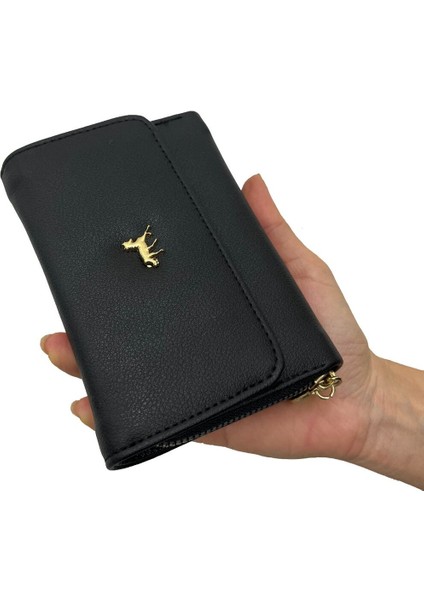Siyah Deri Kadın Cüzdan Gold Detaylı modelleri