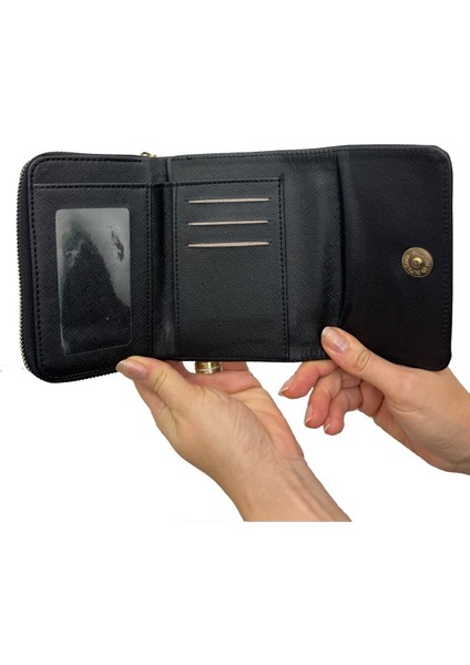 Siyah Deri Kadın Cüzdan Gold Detaylı fırsatları