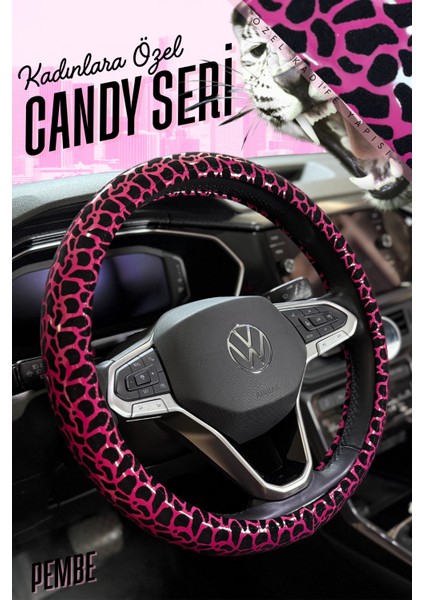 Candy Seri Kadınlara Özel Leopar Desen Kadife Geçmeli Direksiyon Kılıfı Yumuşak Doku Araç Aksesuar