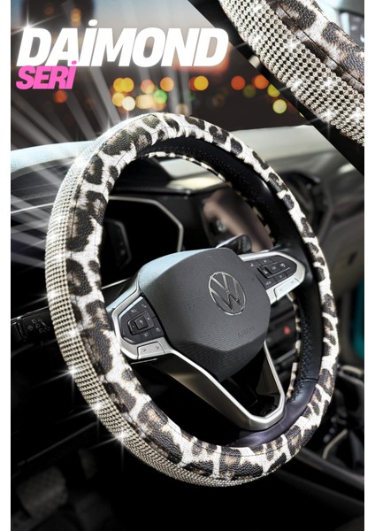 Kadınlara Özel Leopar Desen Daimond Taşlı Geçmeli Direksiyon Kılıfı Kolay Kullanım