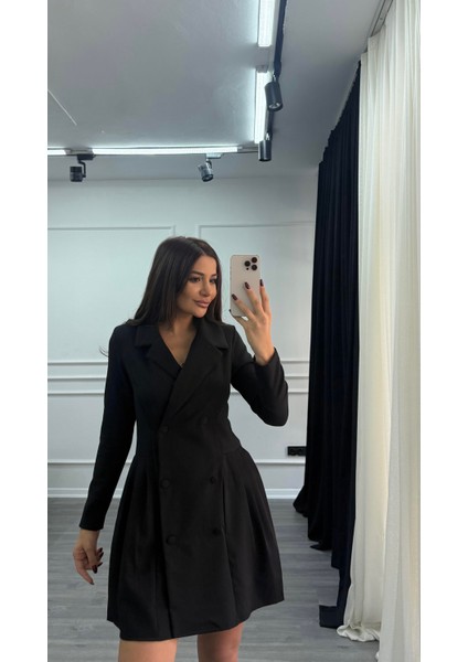 Kruvaze Kesim Pile Detaylı Ceket Elbise - Siyah