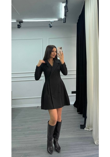 Kruvaze Kesim Pile Detaylı Ceket Elbise - Siyah fiyatları