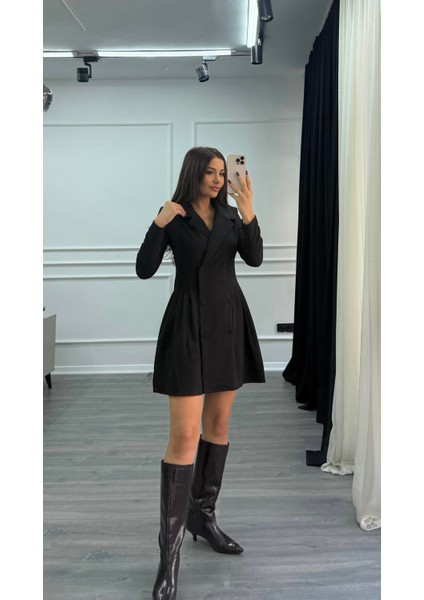 Kruvaze Kesim Pile Detaylı Ceket Elbise - Siyah modelleri