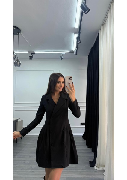 Kruvaze Kesim Pile Detaylı Ceket Elbise - Siyah indirimleri