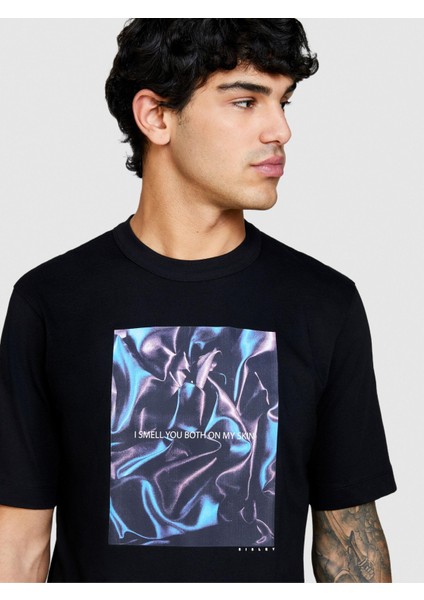 %100 Pamuk Önü Baskı Detaylı Bisiklet Yaka T-Shirt Erkek Siyah T-Shirt - 324P3I1XS103I