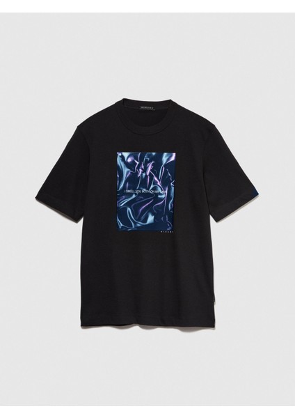 %100 Pamuk Önü Baskı Detaylı Bisiklet Yaka T-Shirt Erkek Siyah T-Shirt - 324P3I1XS103I fiyatları