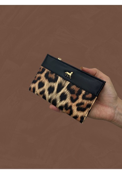 Siyah Krem Leopar Desenli Gold Detaylı Deri Kadın Cüzdan