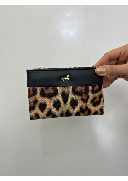 Siyah Krem Leopar Desenli Gold Detaylı Deri Kadın Cüzdan fırsatları