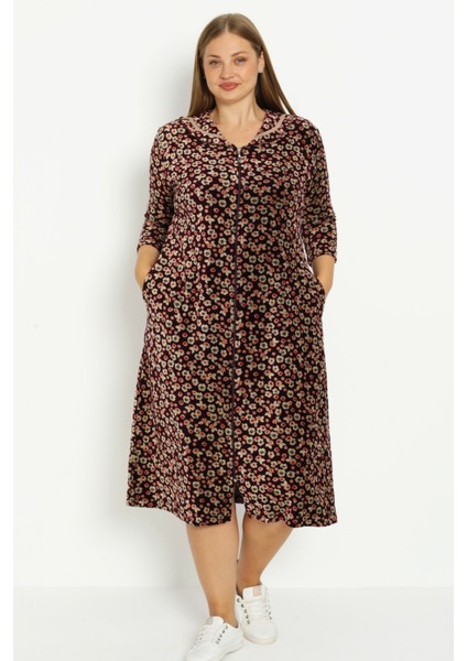 Koyu Kahve Çiçek Desenli Pamuklu Kadife Fermuarlı Cepli Biyeli Truvakar Kollu Büyük Beden Elbise