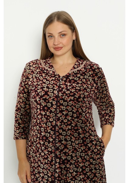 Koyu Kahve Çiçek Desenli Pamuklu Kadife Fermuarlı Cepli Biyeli Truvakar Kollu Büyük Beden Elbise modelleri