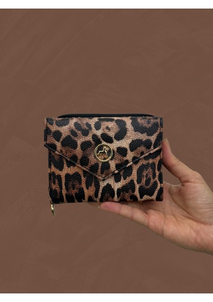 Siyah Krem Leopar Desenli Deri Kadın Cüzdan