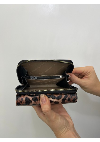 Siyah Krem Leopar Desenli Deri Kadın Cüzdan fırsatları