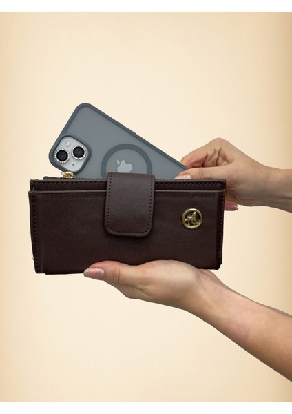 Kadın Telefon Bölmeli Deri El Çantası Cüzdan Kahverengi Gold Detaylı