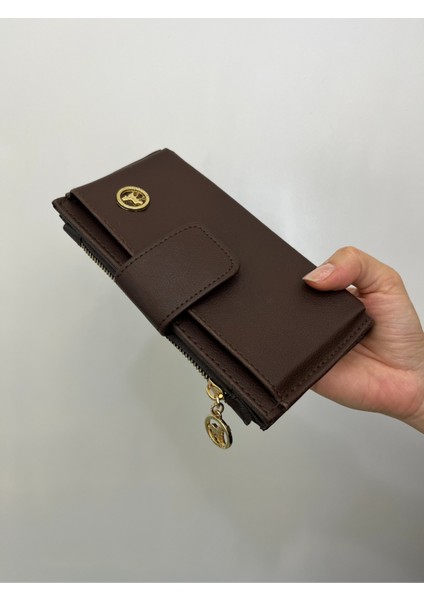 Kadın Telefon Bölmeli Deri El Çantası Cüzdan Kahverengi Gold Detaylı fiyatları