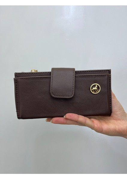 Kadın Telefon Bölmeli Deri El Çantası Cüzdan Kahverengi Gold Detaylı modelleri