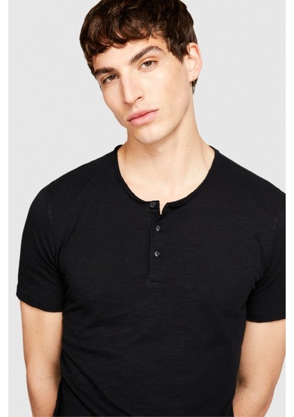 %100 Koton Slim Fit Düğme Detayli Slub T-Shirt Erkek Siyah T-Shirt - 323A3YR7S1009 fiyatları
