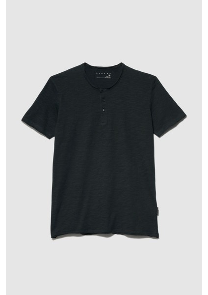 %100 Koton Slim Fit Düğme Detayli Slub T-Shirt Erkek Siyah T-Shirt - 323A3YR7S1009 indirimleri