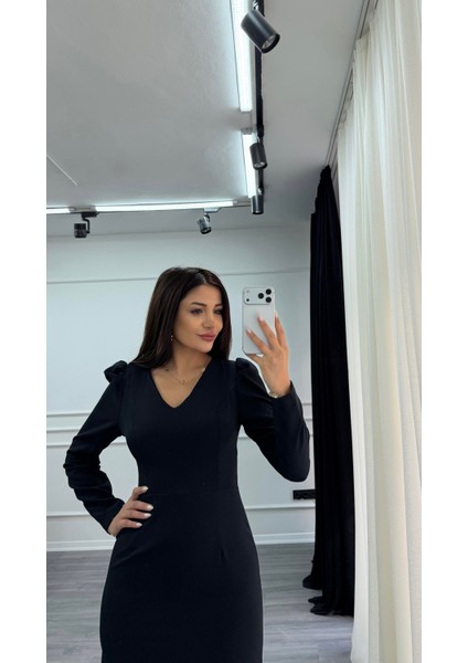 Siyah V Yaka Balon Kol Kısa Boy Dokuma Elbise fırsatları