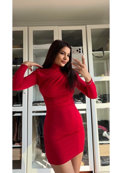 Kırmızı Sandy Kumaş Drape Detay Uzun Kollu Elbise indirimleri