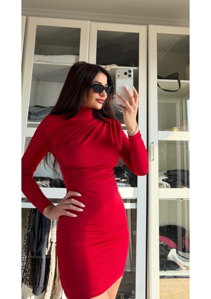 Kırmızı Sandy Kumaş Drape Detay Uzun Kollu Elbise