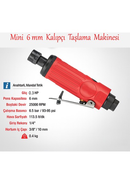 Havalı Kalıpçı Taşlama Makinesi Kompresör Uyumlu Jak Girişli 0.3 Hp 25000 Rpm 6.5 Bar 1/4" 6 mm Pens fırsatları