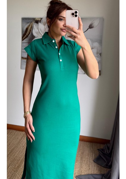 Polo Yaka Esnek Yırtmaçlı Midi Elbise-Zümrüt Yeşili