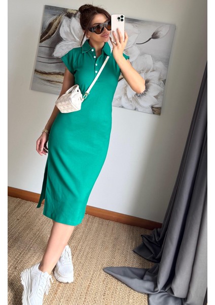 Polo Yaka Esnek Yırtmaçlı Midi Elbise-Zümrüt Yeşili fiyatları