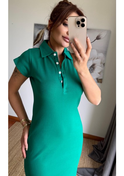 Polo Yaka Esnek Yırtmaçlı Midi Elbise-Zümrüt Yeşili modelleri