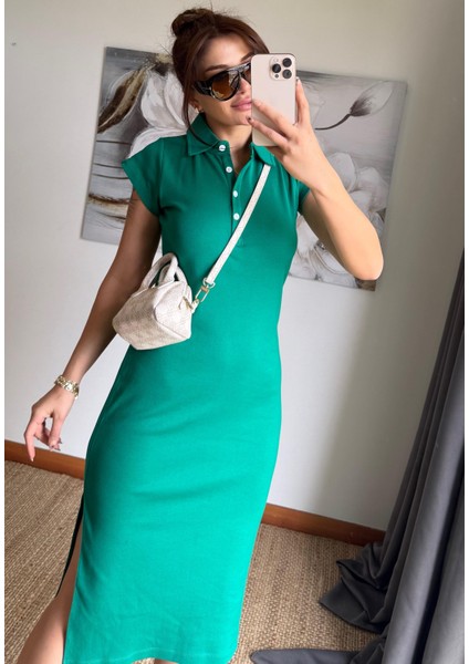 Polo Yaka Esnek Yırtmaçlı Midi Elbise-Zümrüt Yeşili fırsatları
