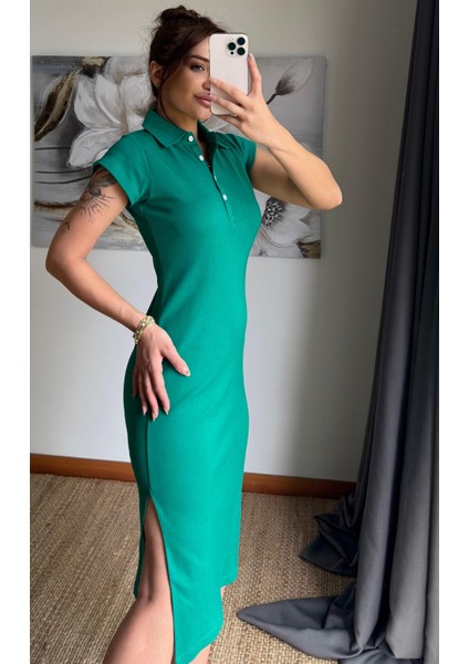 Polo Yaka Esnek Yırtmaçlı Midi Elbise-Zümrüt Yeşili indirimleri