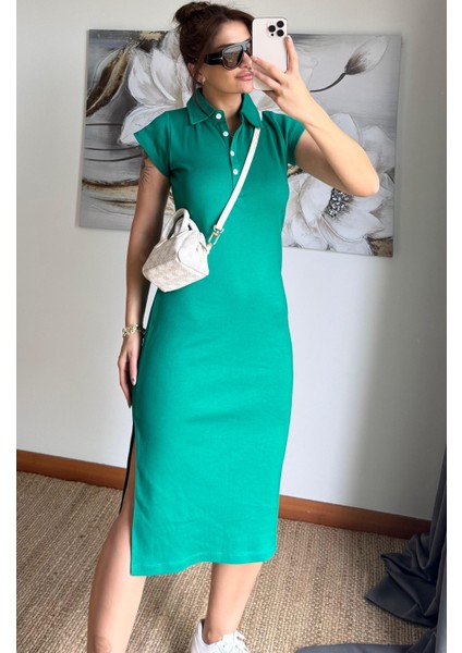 Polo Yaka Esnek Yırtmaçlı Midi Elbise-Zümrüt Yeşili