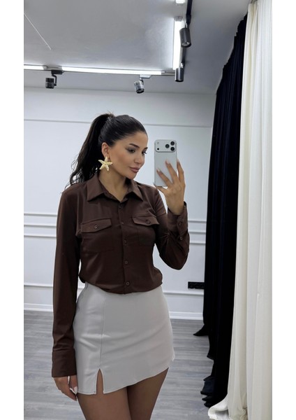 Gri Rahat Kalıp Krep Kumaş Önden Yırtmaçlı Şort Etek